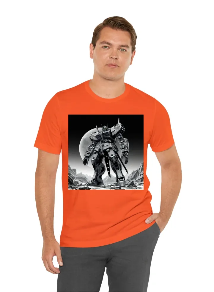 Highly detailed 2D illustration in a monochrome negative style, designed for Direct-to-Film (DTF) printing on a T-shirt. The image features a towering mecha inspired by the Armored Core universe, reimagined in a dynamic, action-oriented pose with a dark,