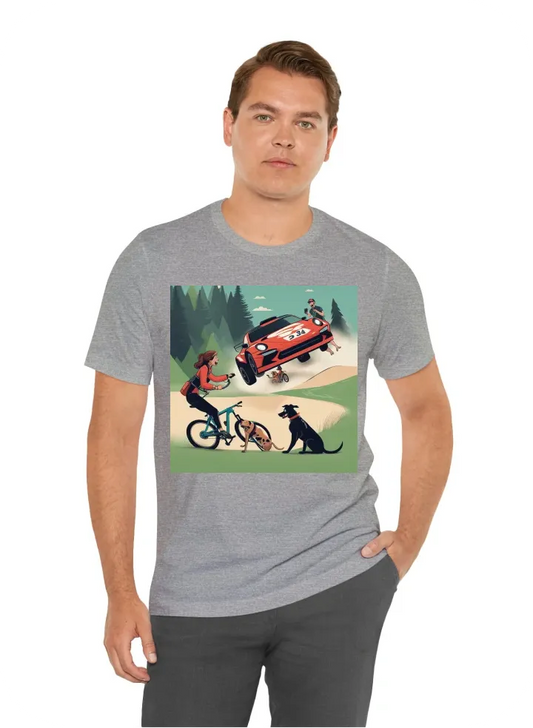 A man riding a mountain bike proposing to a woman driving a racecar with dogs