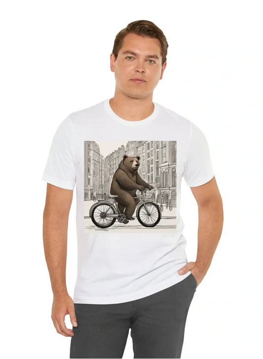 Bear on bicycle in the city