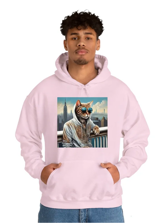 I want a Hoodie with a retro cat with shades on smoking on a balcony with newyork skyline in the background