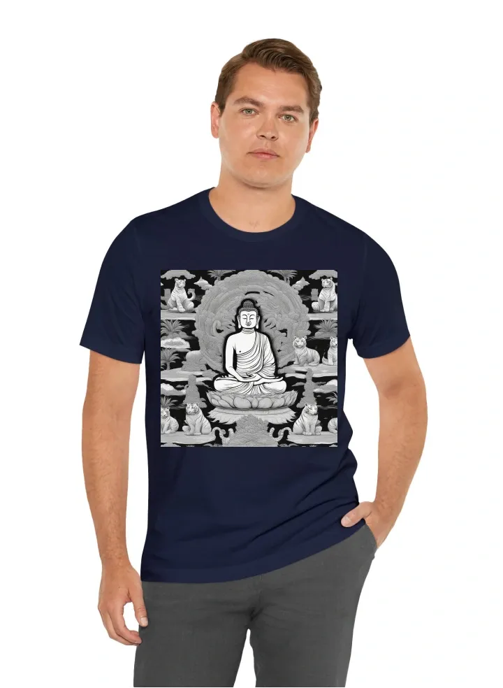 buddah with tigers behind black and whiite