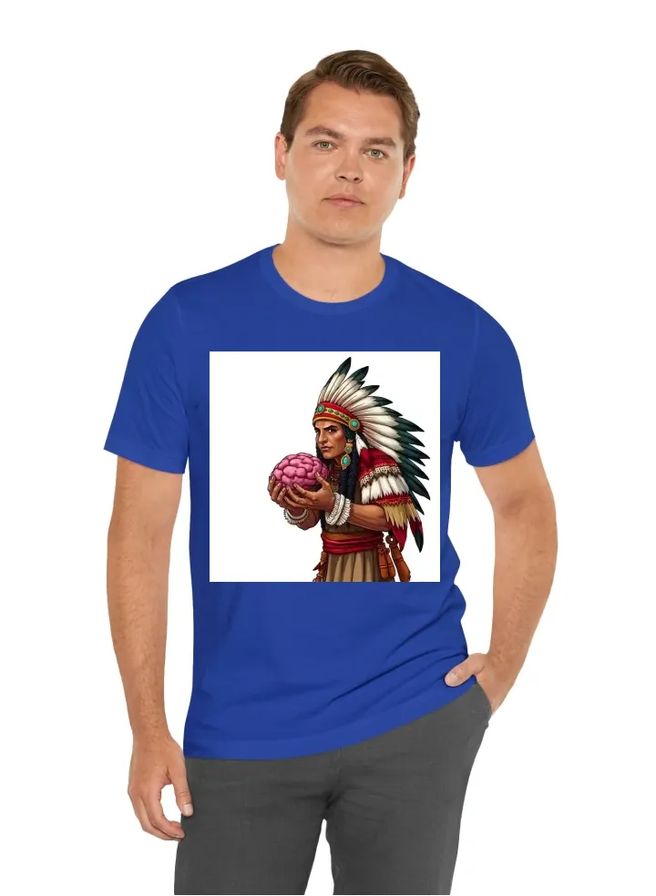 Cartoon native american warrior holding a brain blank background