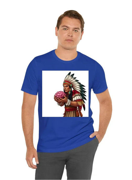 Cartoon native american warrior holding a brain blank background