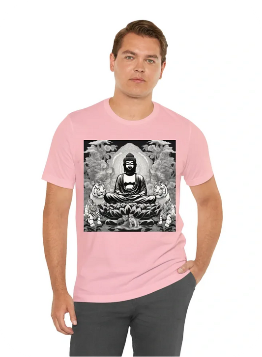 Nirvana buddah with tigers behind black and whiite