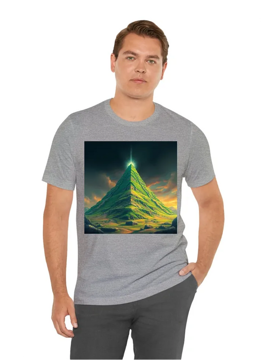 I want T-Shirt with: a pyramid that looks like a mountsin. it must contain green overgrowth. and an energy pattern