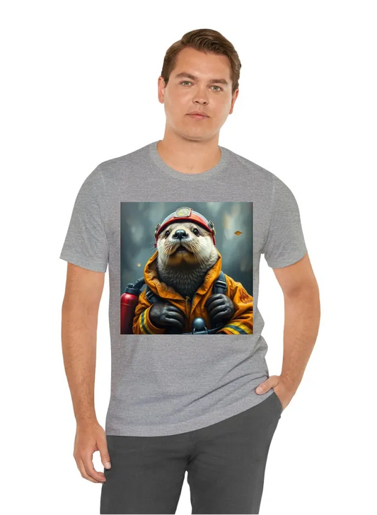 Create a picture of a sea otter in firefighting equipment