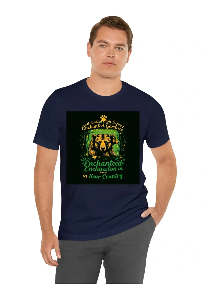 For the **"Enchanted Gardens in Bear Country"** homecoming T-shirt featuring **green and gold**, here’s an updated design:  ### **Front Design:** - **Main Graphic:** A majestic bear silhouette in **gold**, surrounded by an enchanted forest scene in **vari