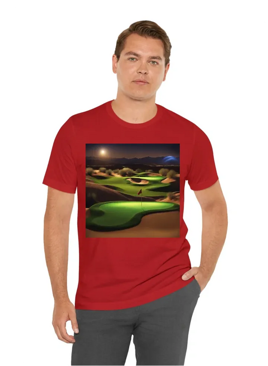 A pic art golf green lit by lights with desert nightscape in background