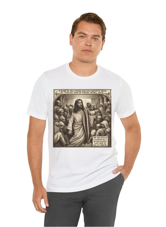 I want a shirt with the representation of Jesus Christ kicking off the merchants from his temple with this motto "My house was designated a house of prayer; You have made it a hangout for thieves."