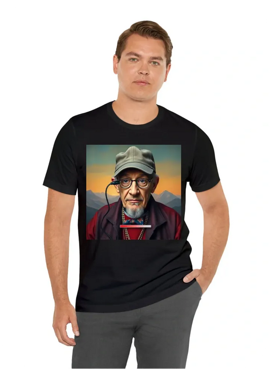 Create a silly old man dressed in hip hop style clothing with the baseball cap positioned sideways on his head and a USB cable plugged directly into the center of his forehead. On the lower portion of the screen a downloading in progress bar showing  the