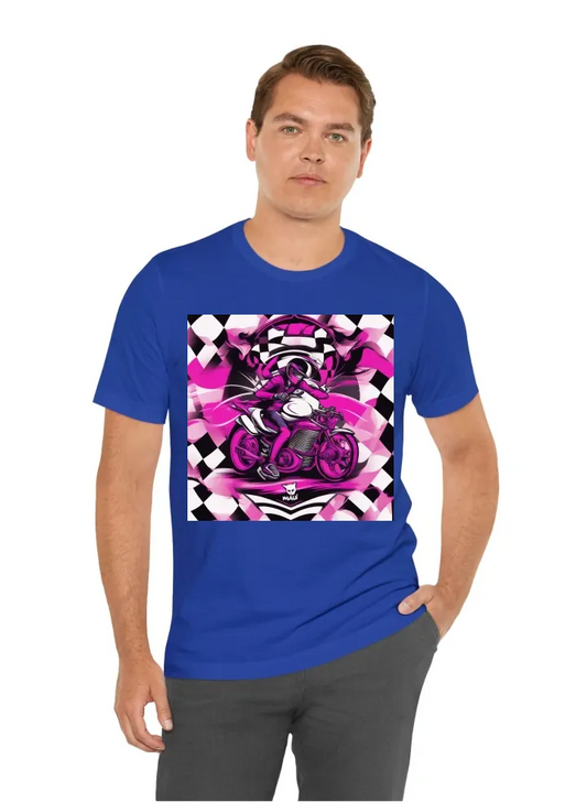 I want a motorcycle riding long sleeves, white in color but the designs should be hot pink and purple. Please include a design of checkered finish line also pink or purple in color. Place a logo in the center input “MAUI 4TEEN” also hotpink or purple and