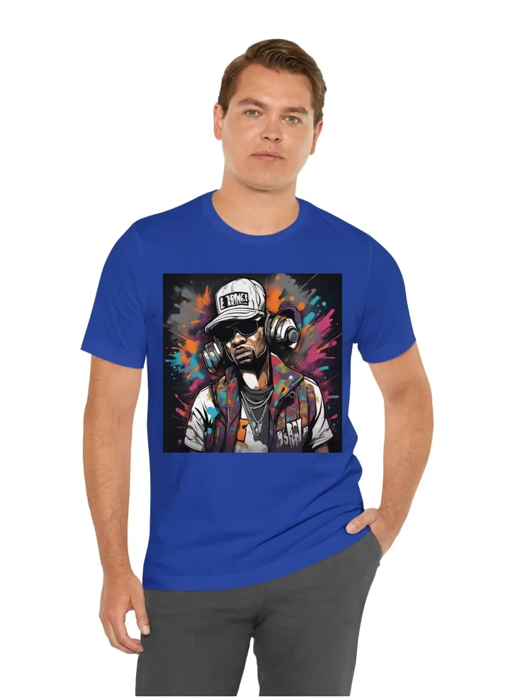 I want T-Shirt with:A graffiti mural featuring one character with unique and exaggerated designs, grit and hustler vibes. This character should be intricately designed with exaggerated features, standing out as a symbol of raw and edgy urban essence. His