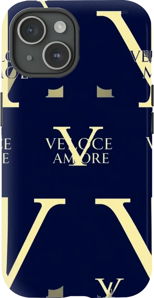 Here is the custom design featuring “VELOCE AMORE” with the VL initials in an elegant, modern, repeating pattern as requested. This design captures the luxurious aesthetic, using navy blue for the background and cream for the VL logos, with a focus on cre