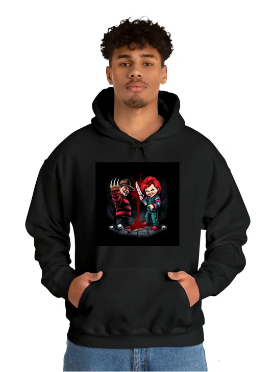 Freddy vs. Chucky Horror Showdown" T-Shirt Design:  Base color: Black  Main Graphic (Centerpiece):  In the center of the shirt, a dynamic face-off between Freddy Krueger and Chucky. Freddy is on the left, his iconic clawed glove raised, wearing his red an