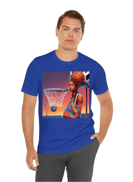 Animated  cartoon basketball girl doing a crossover with a basketball goal in the back and the words "They not like Us"