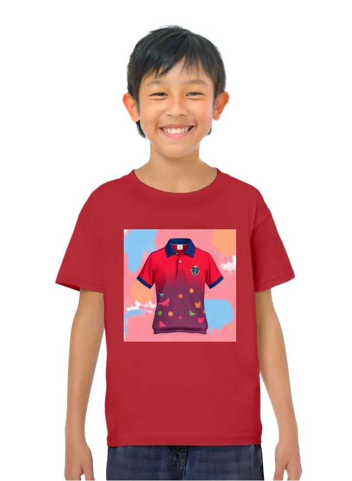 A polo shirt with colourful and cheerful design suitable for school use for children