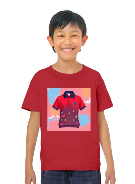 A polo shirt with colourful and cheerful design suitable for school use for children