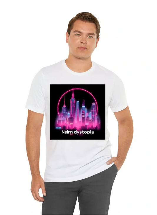 I want a T-shirt with a neon dystopian city and the words neon dystopia