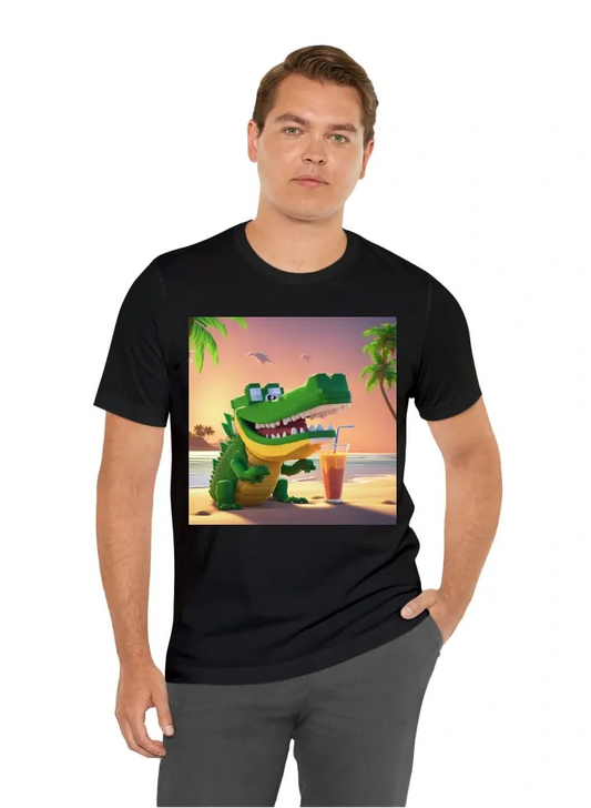 Pixel art, a crocodile drinking a smoothie on a beach with a palm tree