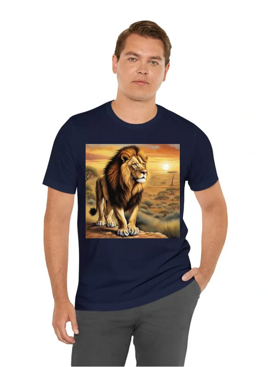 Design a t-shirt featuring  A lion standing over its prey, with a commanding presence and the lion stands tall, head proudly lifted, its mane blowing slightly in the wind. A dry, rugged landscape, perhaps a savannah at sunset.