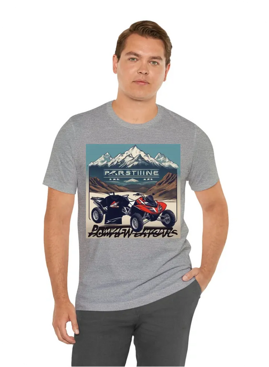 I want a tshirt with my company name pristine powersports name on it with mountains in the background and a motorcycle atv and a jetski on it