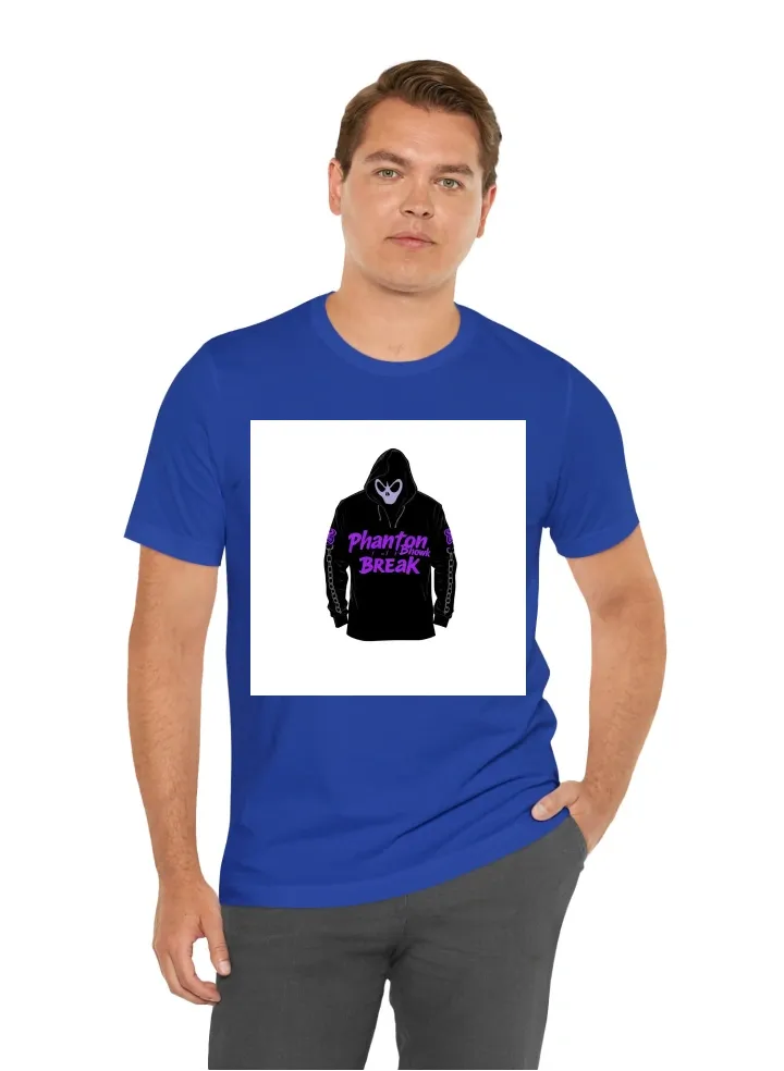 I want a long sleeve t shirt with the fabric color to be black and on the front I want the word PhantomBreak in beatstreet font the letter colored purple then I want a big phantom ghost on the back more of a skater style and on the sleeves I want lines th