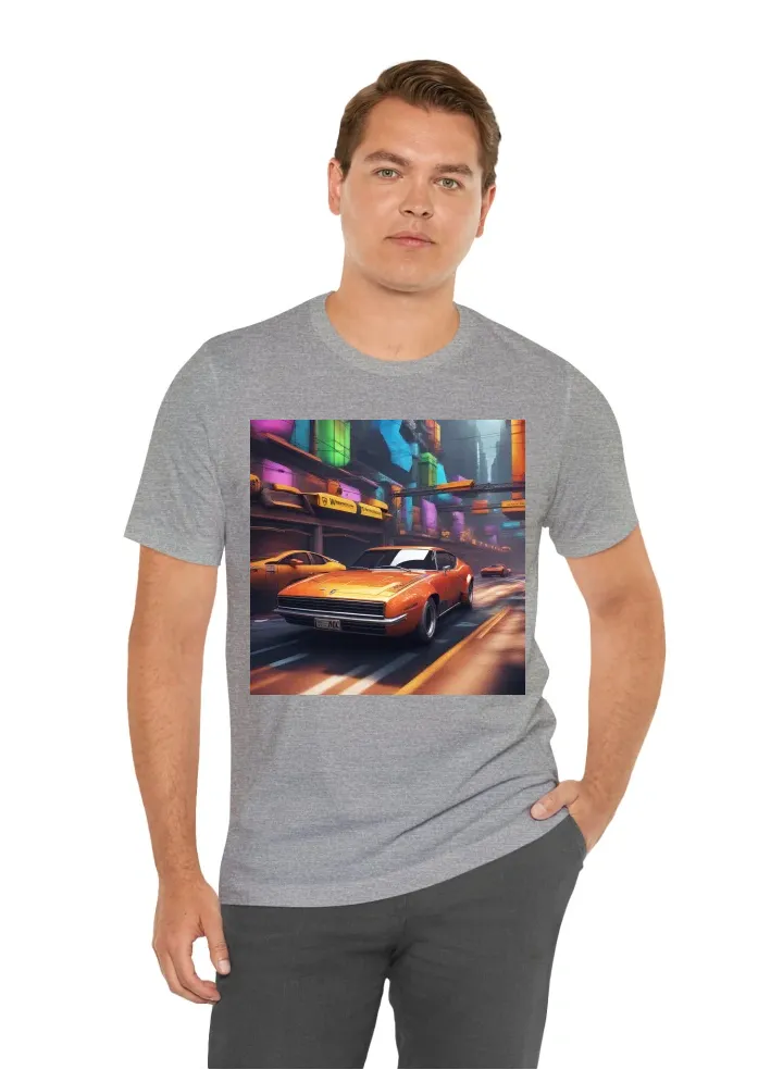 I want T-Shirt with: says "we never stop" cars, roads, building, futuristic