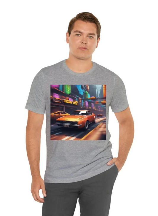 I want T-Shirt with: says "we never stop" cars, roads, building, futuristic