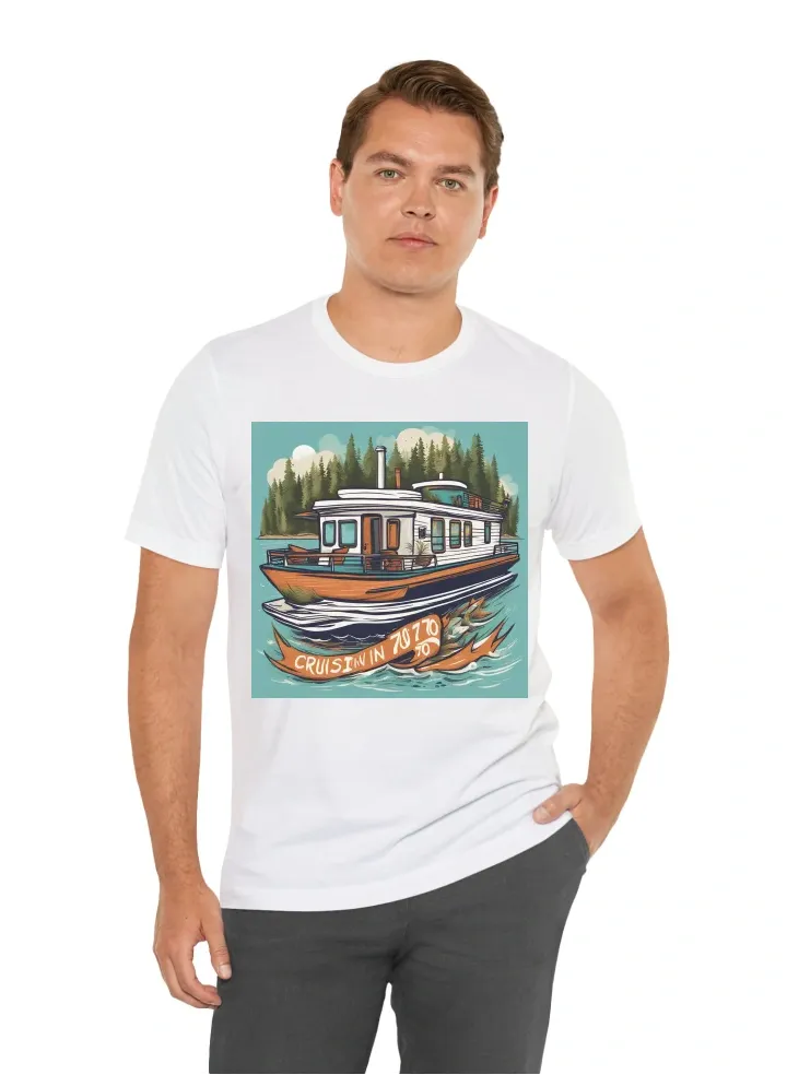 I want a tshirt that says "Cruisin into 70 with Julie" and a picture of a houseboat