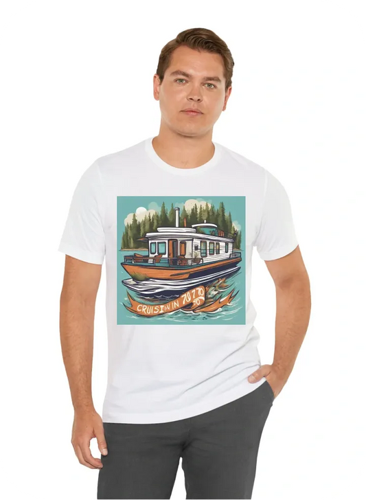 I want a tshirt that says "Cruisin into 70 with Julie" and a picture of a houseboat