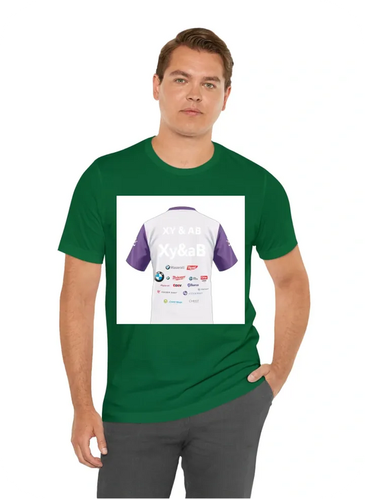 Create a representation T-shirt with the text on its back: xy & ab cooperation team and the following logos of brands on its front: spar, bmw, maserati, milwaukee, costan, gilbarco veeder-root, omv, christ wash systems