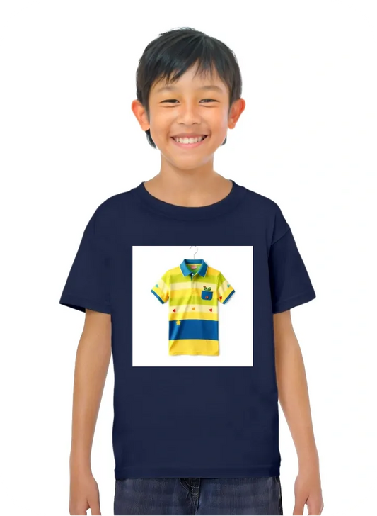 A polo shirt with colourful and cheerful design suitable for school use for children