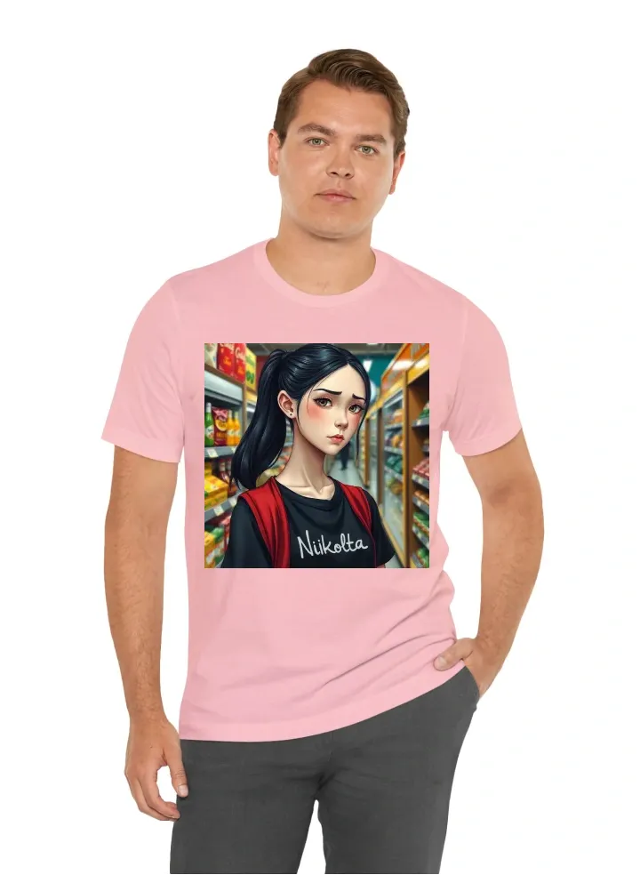 Pale girl with black hair in ponytail sad eyes black t-shirt and red vest with Nikoleta writing in standing in grocery store