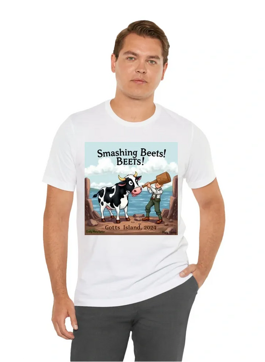 I want a design of a cartoon cow about to be  smashed by a cartoon man holding a large wooden mallet, Above it I want it to say Smashing Beefs! under it I want it to say Gotts Island 2024