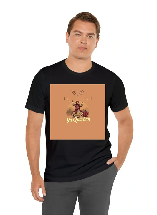 Prompt for a Khumariyaan T-Shirt Design Theme: Khumariyaan's "Ya Qurban" song  Elements:  Central Image: A person performing the Attan dance, a traditional Pashtun dance, with a rubab and tabla prominently displayed. Text: "Ya Qurban" written in a stylize