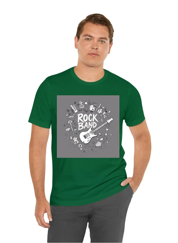 A want a tshirt with a design for a rock band, something with doodles, guitars, strings, cables but without any text on the design