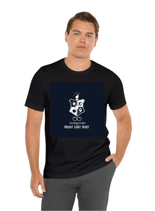 To design a "Mount Saint Mary College Freshman Class" shirt with a **Harry Potter theme** for the **Mount Olympics**, here's a concept that blends the two themes:  ### Shirt Design Concept: - **Front of the Shirt:**   - The main feature could be a large c