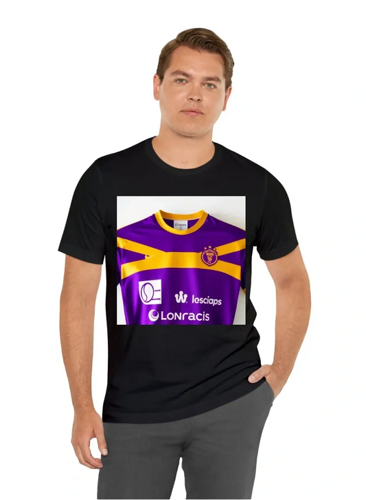 Purple and gold football shirt with sponsors