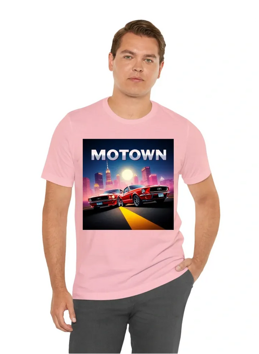 A motown theme with the detroit skyline and a disk and an old and new ford mustang