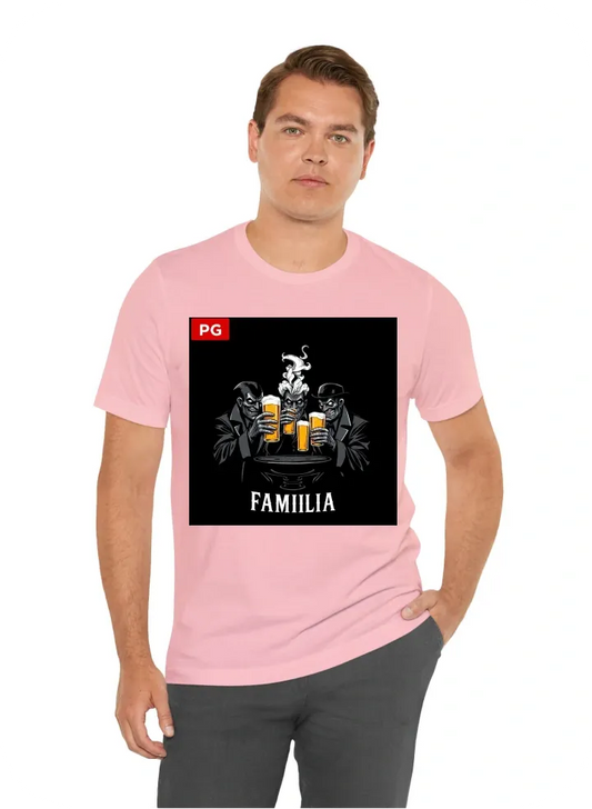 Make an shirt design with a name  at the top "PG" and with a name at the buttom "FAMILIA" with a big  design of 3 villians drinking beers with exact 3 beers and one of them is smoking clothing design. the genre of the design should dark concept