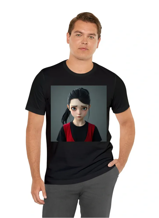 Pale girl with black hair in ponytail sad eyes black t-shirt and red vest