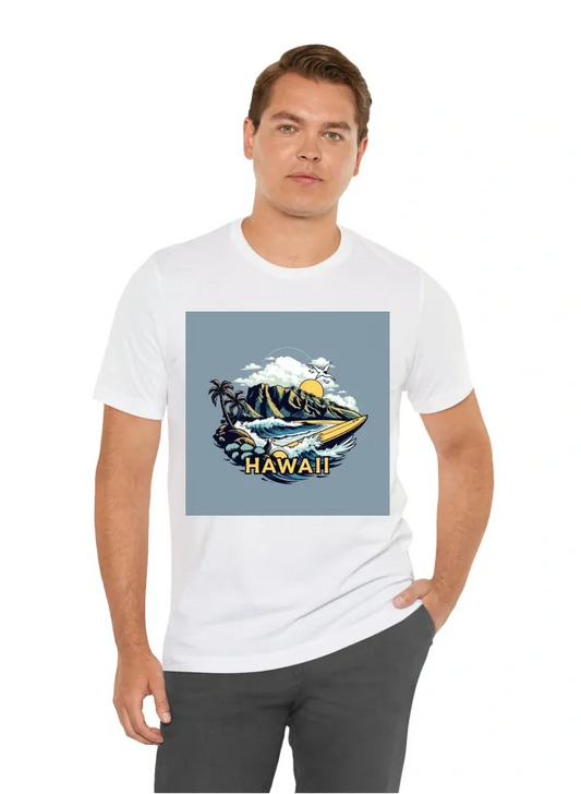 Make me a surf T-shirt Design for Hawaii, with The design can consist of the island chain, a scenic picture, waves, mountains, beaches, birds, or whatever comes to mind when you think of Hawaii.