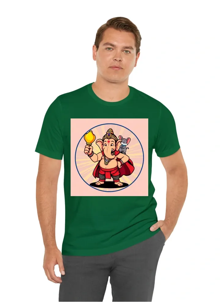 : "Design a cartoon-style Lord Ganesh in a superhero pose, standing confidently with a big smile. He is holding a large modak like a trophy in one hand while his mouse friend is perched on his shoulder, also striking a heroic pose. The circular background