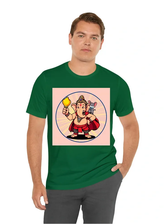 : "Design a cartoon-style Lord Ganesh in a superhero pose, standing confidently with a big smile. He is holding a large modak like a trophy in one hand while his mouse friend is perched on his shoulder, also striking a heroic pose. The circular background