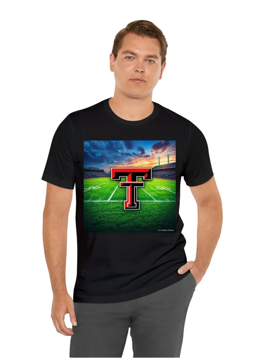 Texas Tech logo with football field in backround