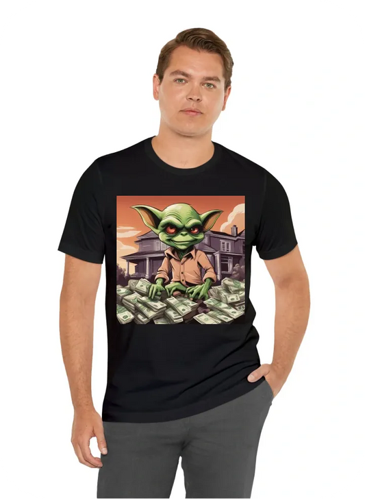 Gremlin with stacks of money and a big house in the background