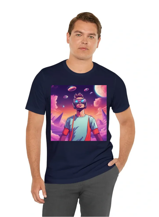 I want T-shirt with futuristic guy in 3d glasses watching in the sky