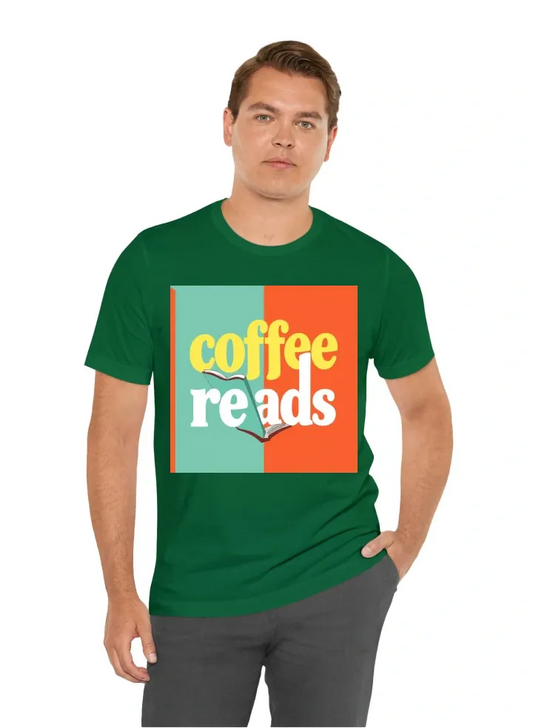 4 color design simple 2 dimensional  design reading event called "coffee reads" fun kid friendly bright large lettering and books