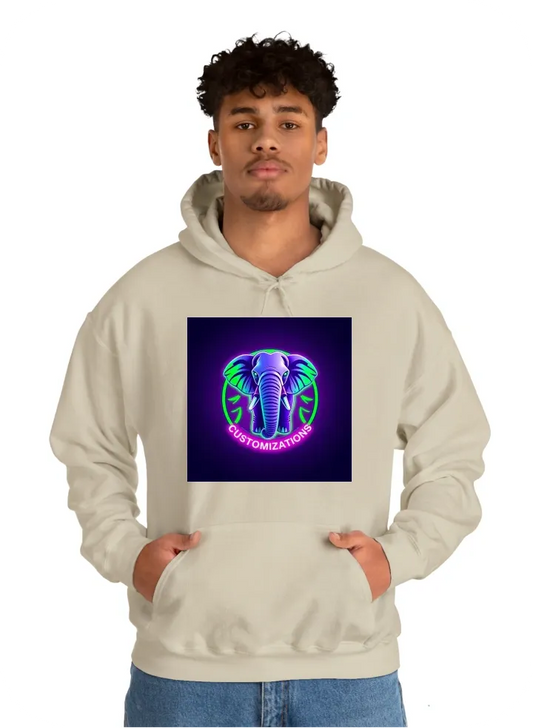 "AGS Customizations" logo with elephant in a purple and neon green streetwear design