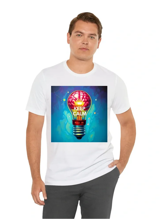 I want a shirt for an academic bowl team using the motto Keep Calm Buzz In use a bulb and a brain